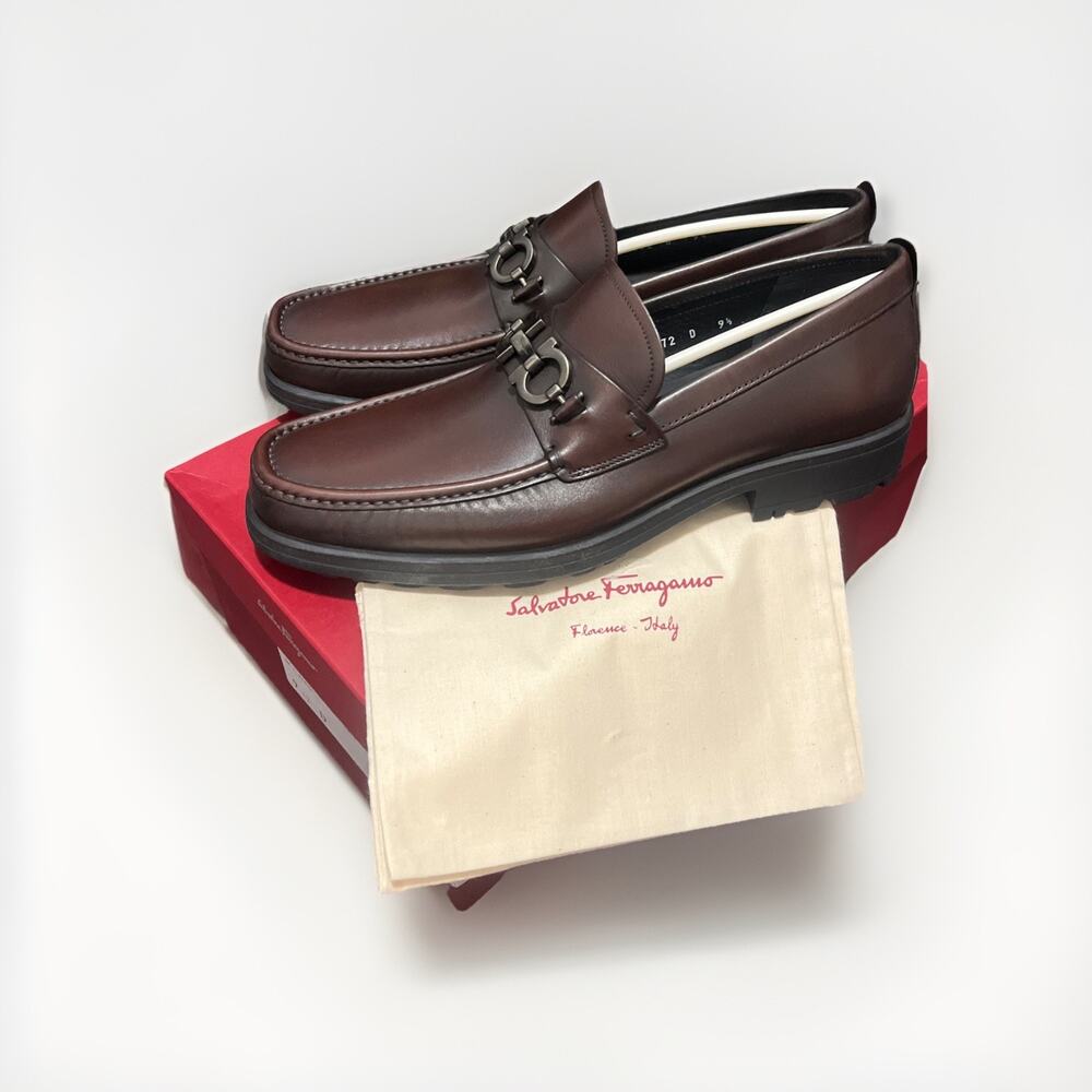 NEW Ferragamo Men's David Double Gancini Thick Lug Leather Loafers